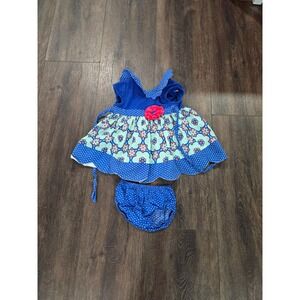 Daisies Baby Girl Blue Floral Polka Dot Dress with Bloomers Set 12M E122887